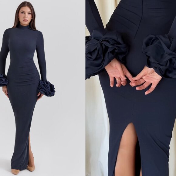 HOUSE OF CB 'Fabienne' Midnight Ruffle Sleeve Maxi Dress NWOT - Picture 3 of 9